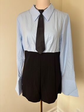 Two-Tone Light Blue & Black Shirt Romper with Tie XL